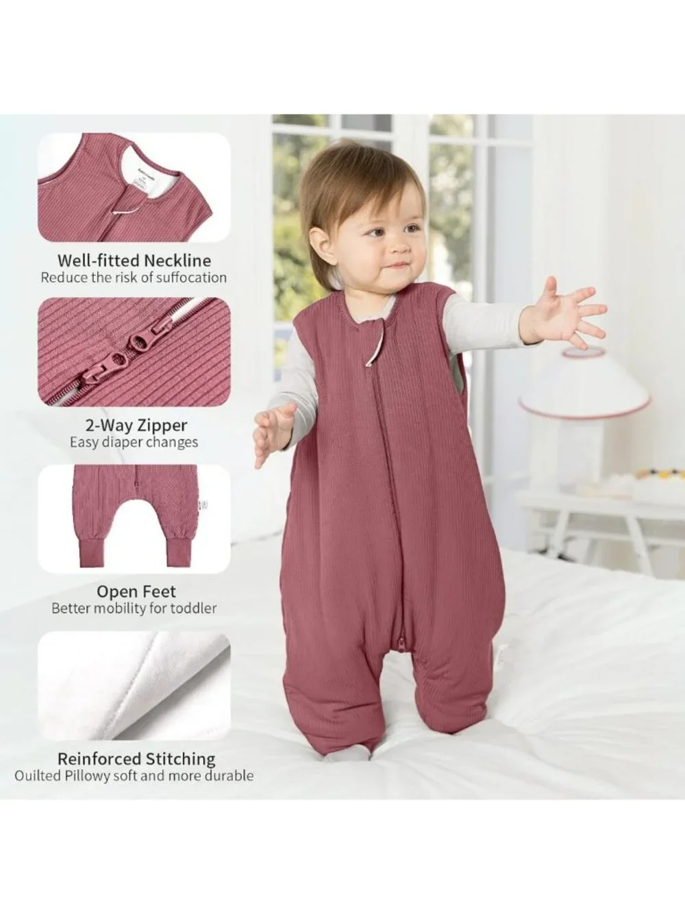 Cozy Bamboo Sleep Sack with Feet for Toddlers 1T-2T, 1.0 Tog, Soft & Breathable